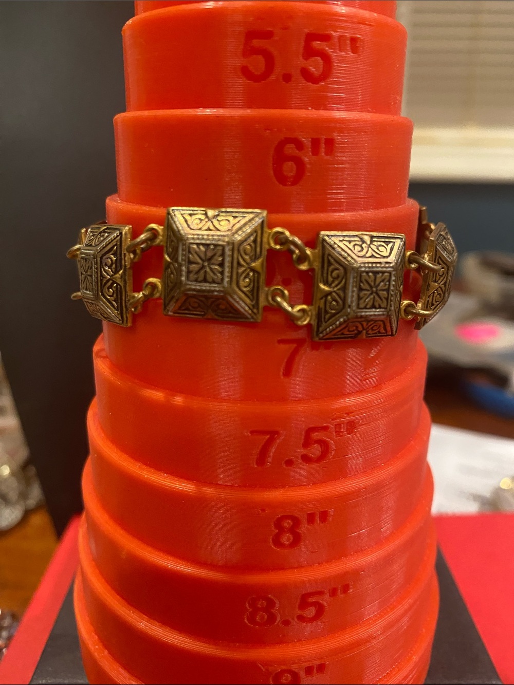 Damascene Gold Tone Link Bracelet with Ornate Square Panels